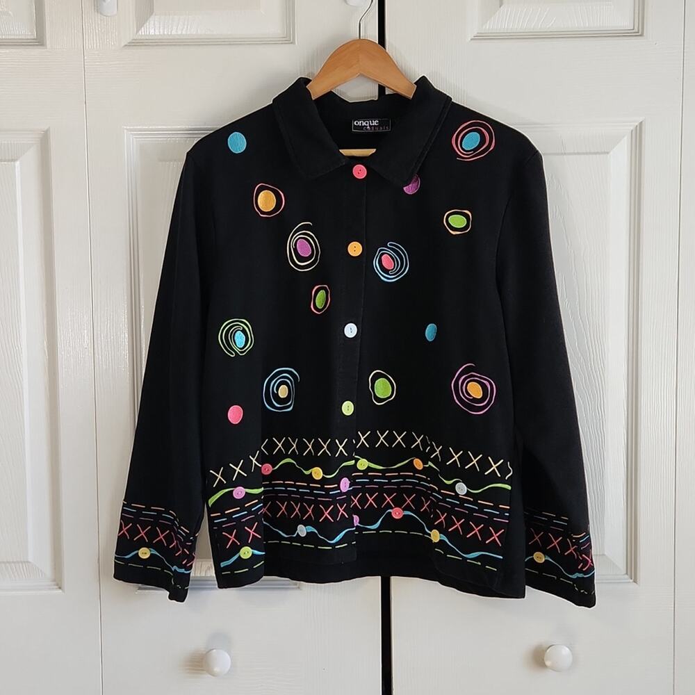 Onque Casuals Womens Black Top Size LG Button Front Shacket Artsy Teacher Unique